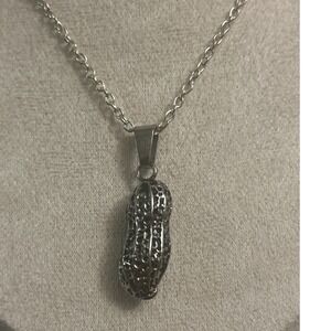Stainless Steel Peanut Pendant Necklace Silver Tone Textured Food Jewelry